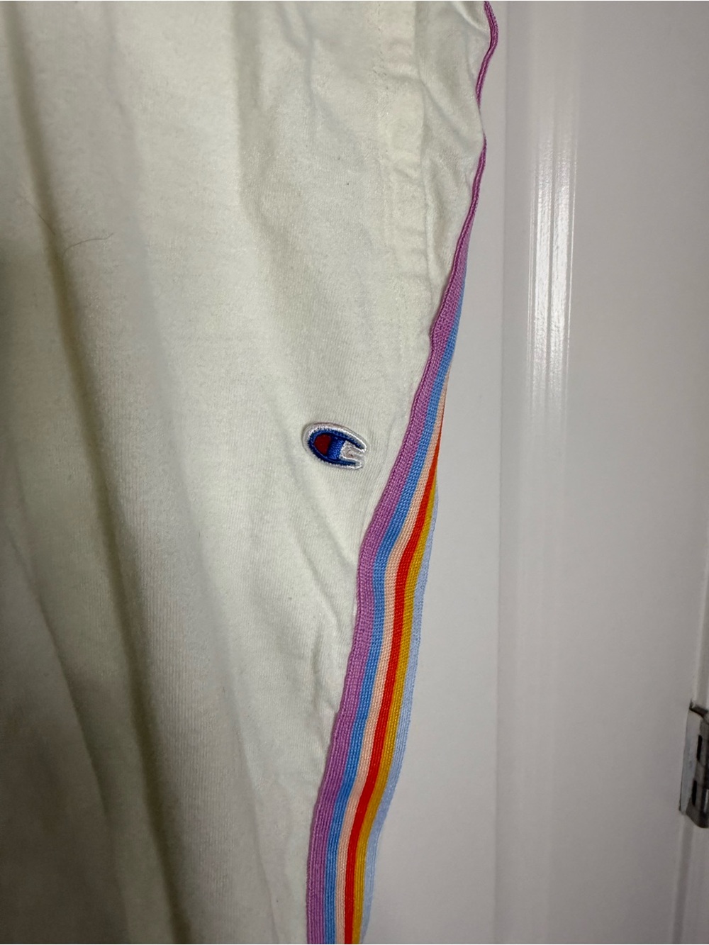 Champion Cream Sweatpants with Purple and Orange Rainbow Side Stripes - Picture 4 of 7